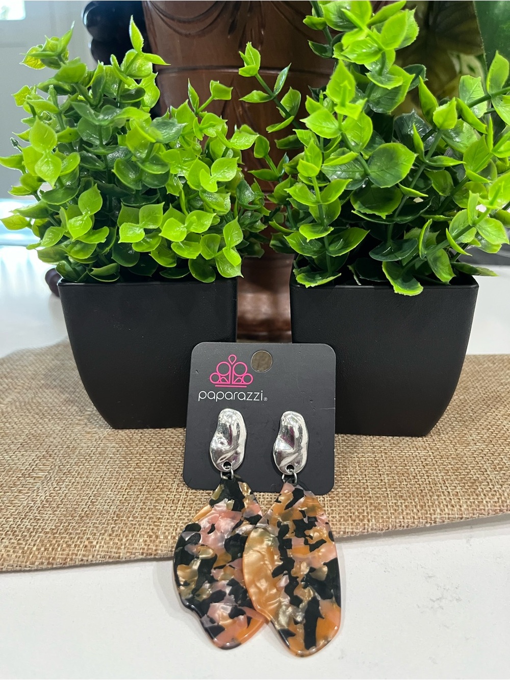 paparazzi Black Tan Acrylic Leaf Drop Earrings